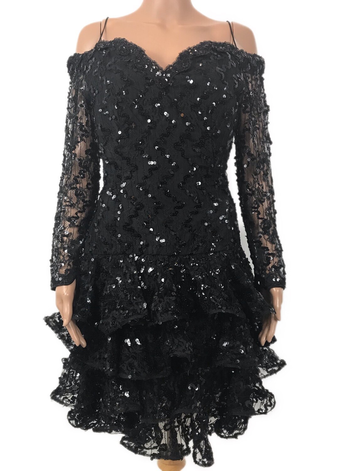 Lillie Rubin Vtg 80’s Sequin Mini Dress Off Shoulder Ruffled Short Black Sz 4
