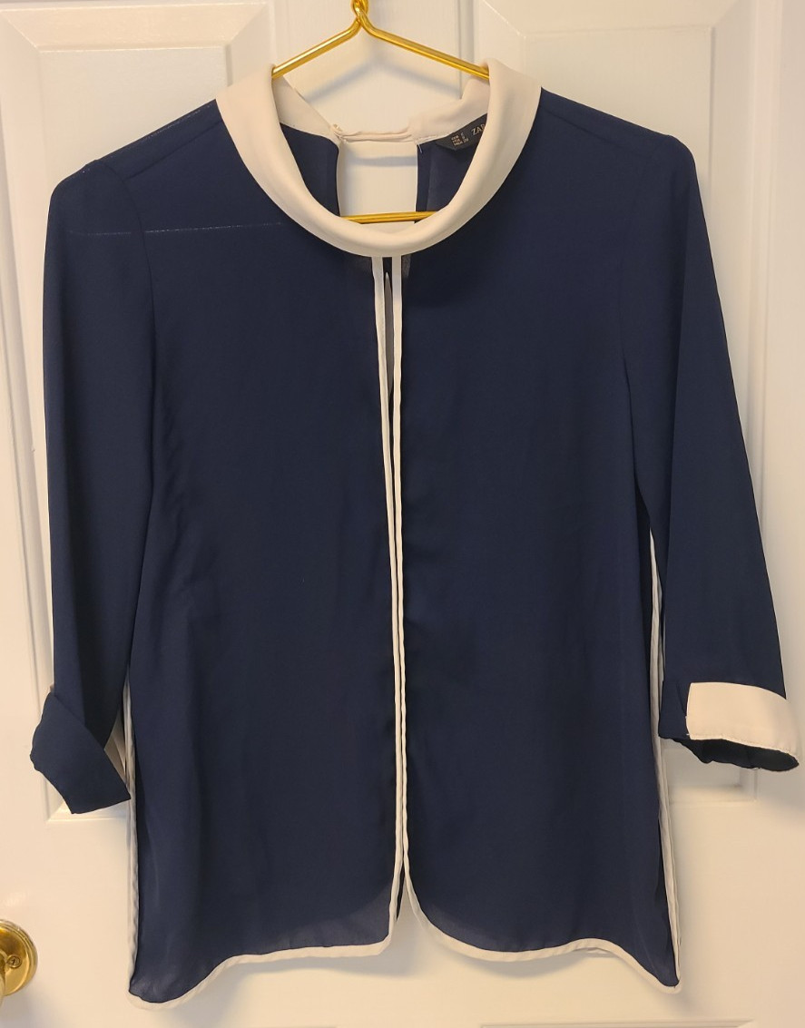 Vintage 90’s Zara Basic Navy Blue White Blouse Tunic 3/4 Sleeve Top ~ Size Small