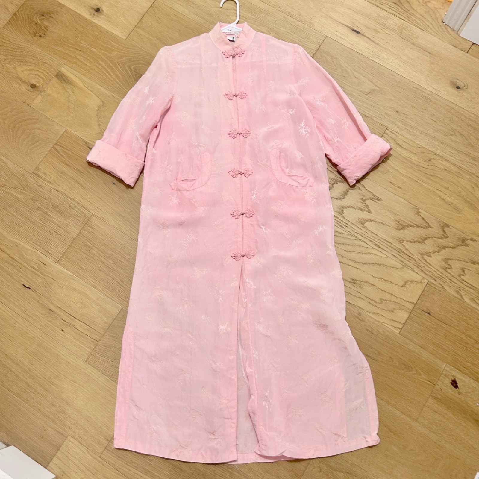 Wms Vintage Pink Jacquard Bamboo Duster Robe M Frog Buttons Youth Shanghai China