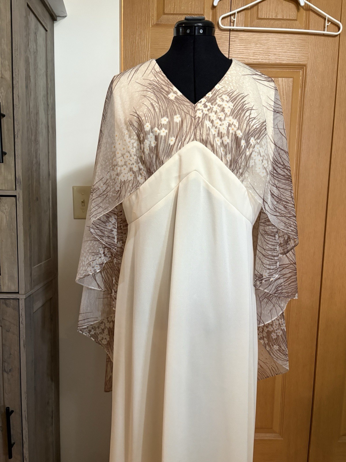Vtg 70s Maxi Hostess Dress. Caftan Sheer Floral Empire Waist. Boho Prairie