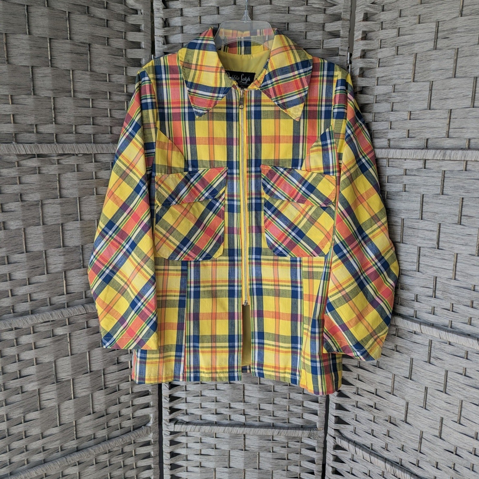 Vtg Debbie Leigh Jacket Yellow Red Blue Plaid Zip Up Sz 13/14 Japan