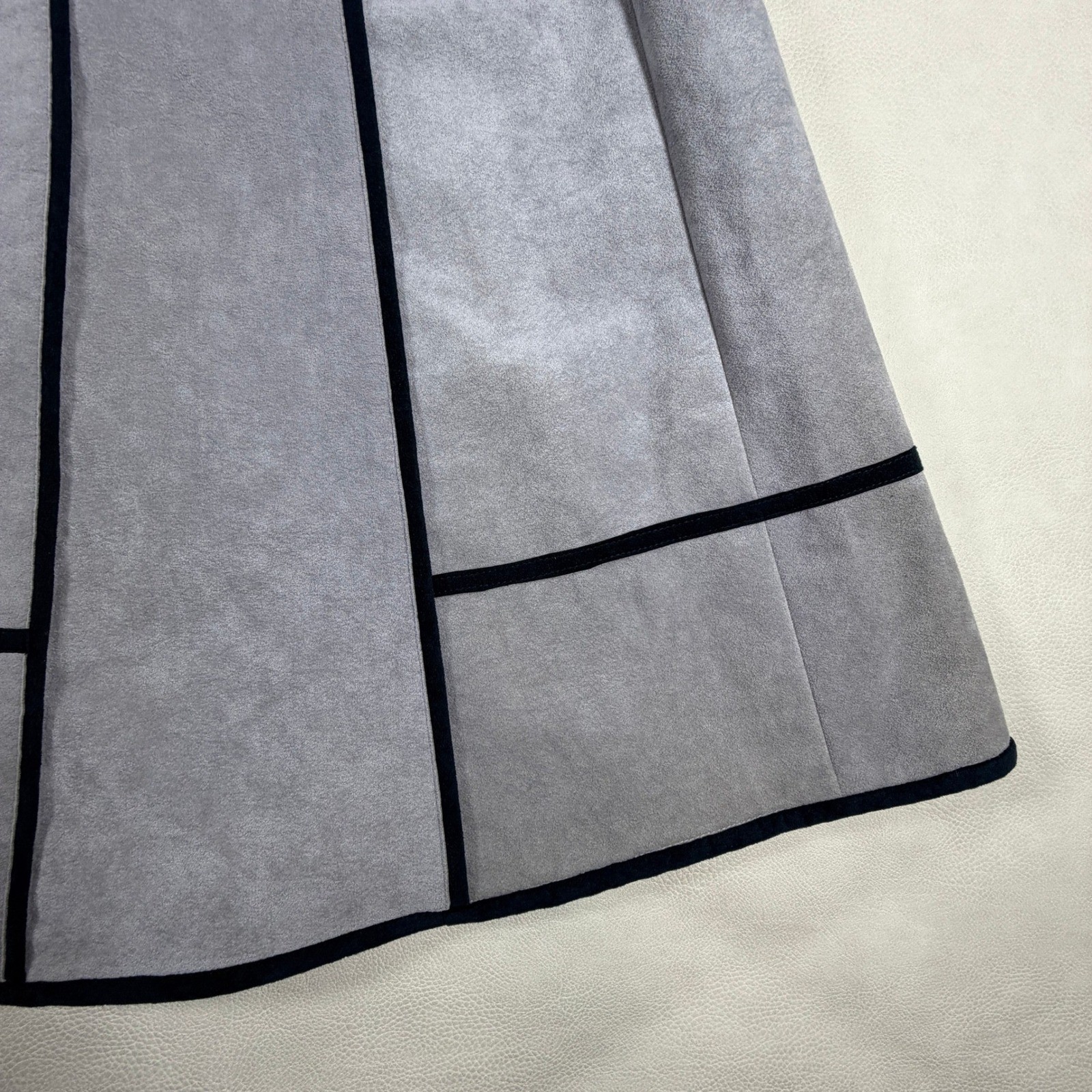 By Clarissa Vintage Ultra Suede Gray A-Line Midi Skirt Black Piping Size 6