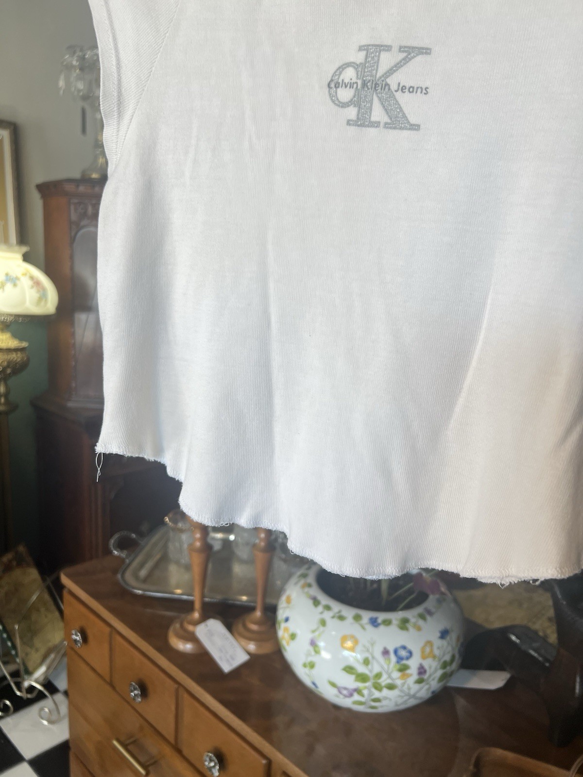 Vintage Y2K 90s Calvin Klein Logo CK Baby Tee White Silver Crop Top Large