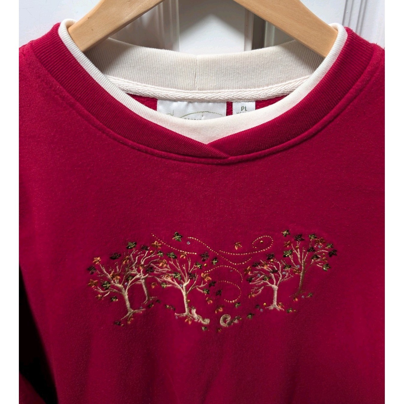 VTG Studio Works Womens Petite LG Red Fall Crew Neck Pullover Embroidery Leaves
