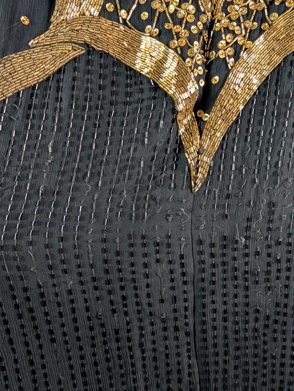 Vtg Landmark Silk Beaded Gown XL, Black Gold Sequin Maxi Dress, Flapper READ