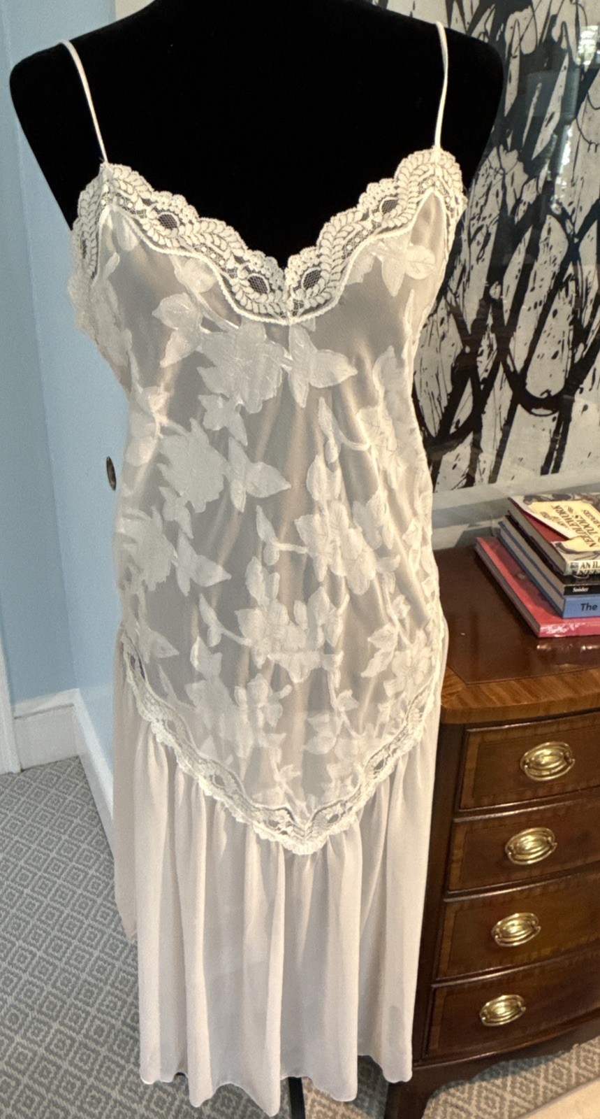 Vtg Blanche White Sheer/satin Lace Lingerie Boho Maxi Night Gown Small 80s slits