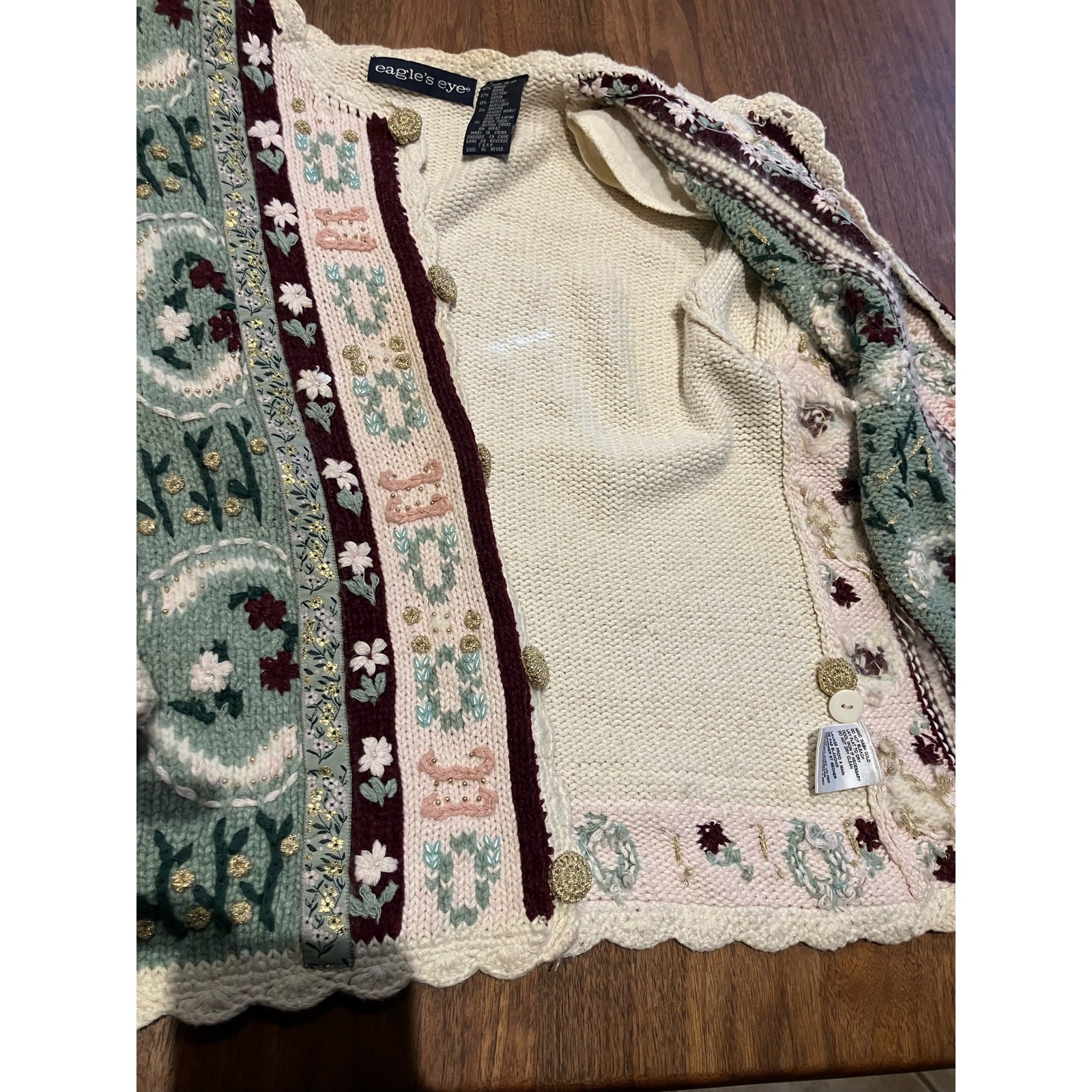 VTG Eagle’s Eye Small Embroidered Floral Beige Gold Green Pink Cardigan Sweater