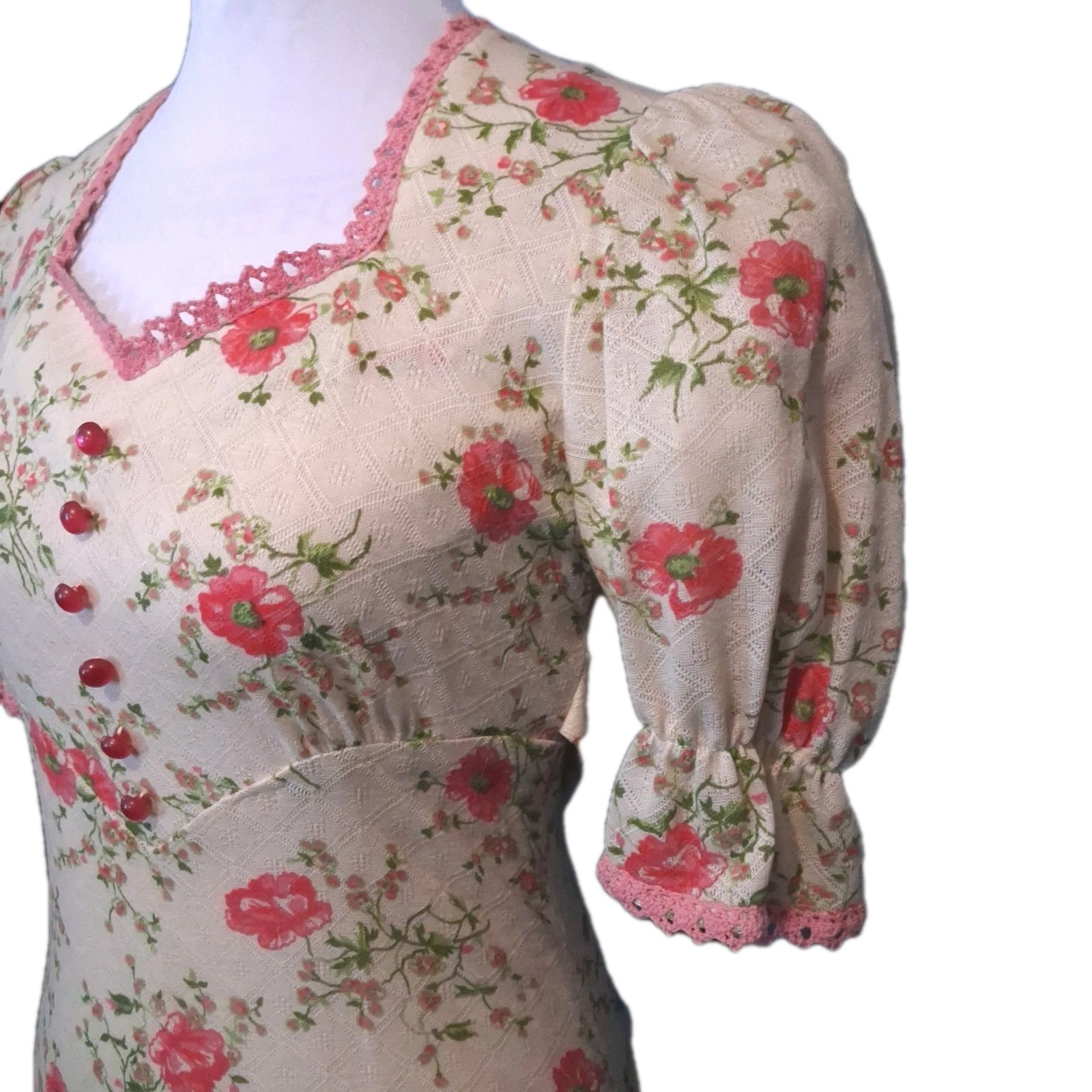Vintage Maxi Dress Sweetheart Neckline Empire Waist Ditsy Floral Early 70s Sz 7