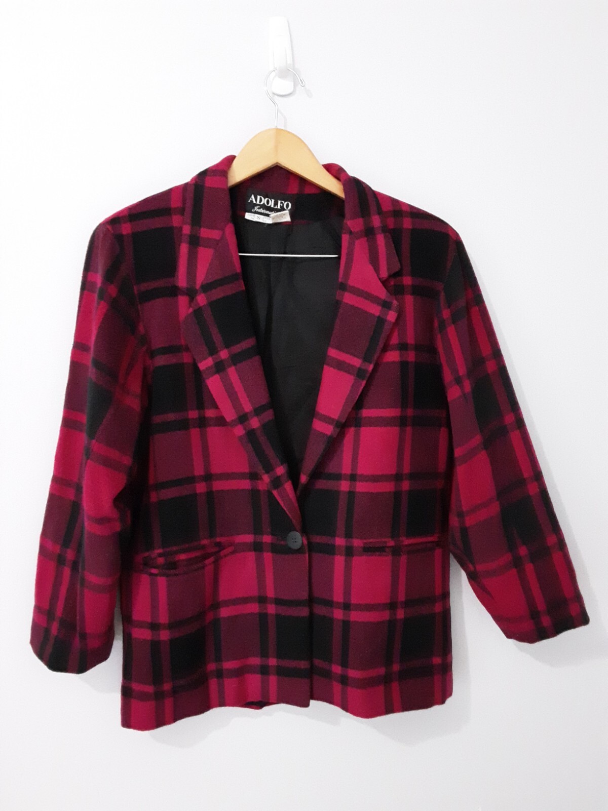 Vintage Adolfo Size S Oversized Blazer Jacket Pink Black Plaid Wool Blend