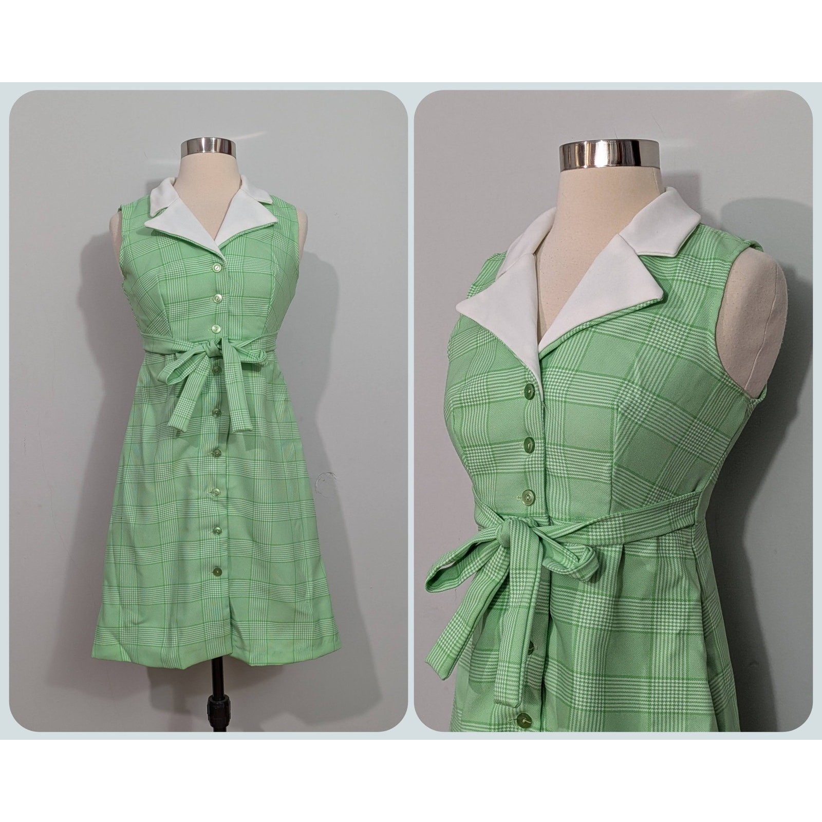 Plaid Spring Green 70s Button Up Dress