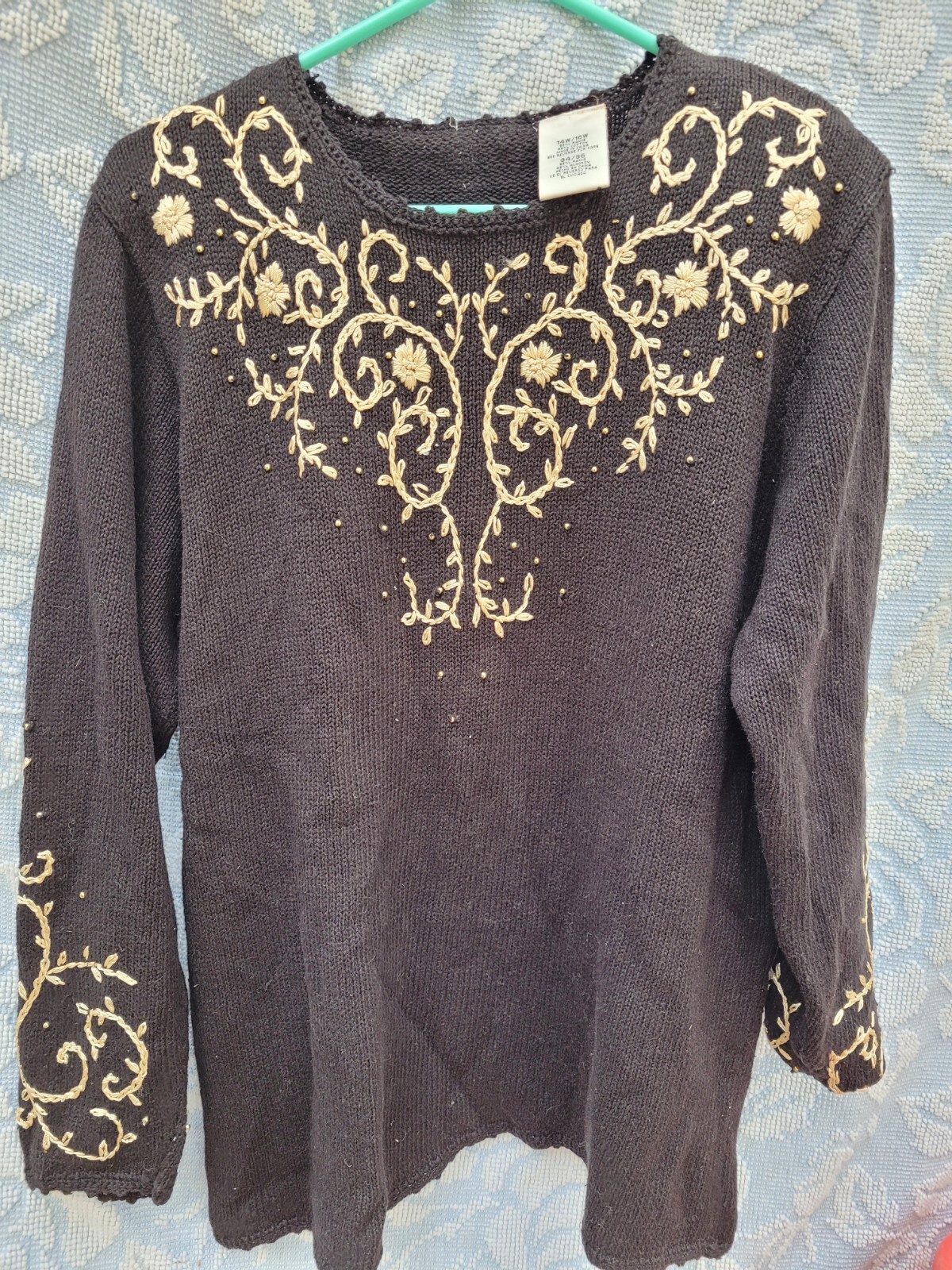 Vtg 80s Black Gold Sweater 14W/16W Party Wear Disco Boho Boss Whimsical Empress