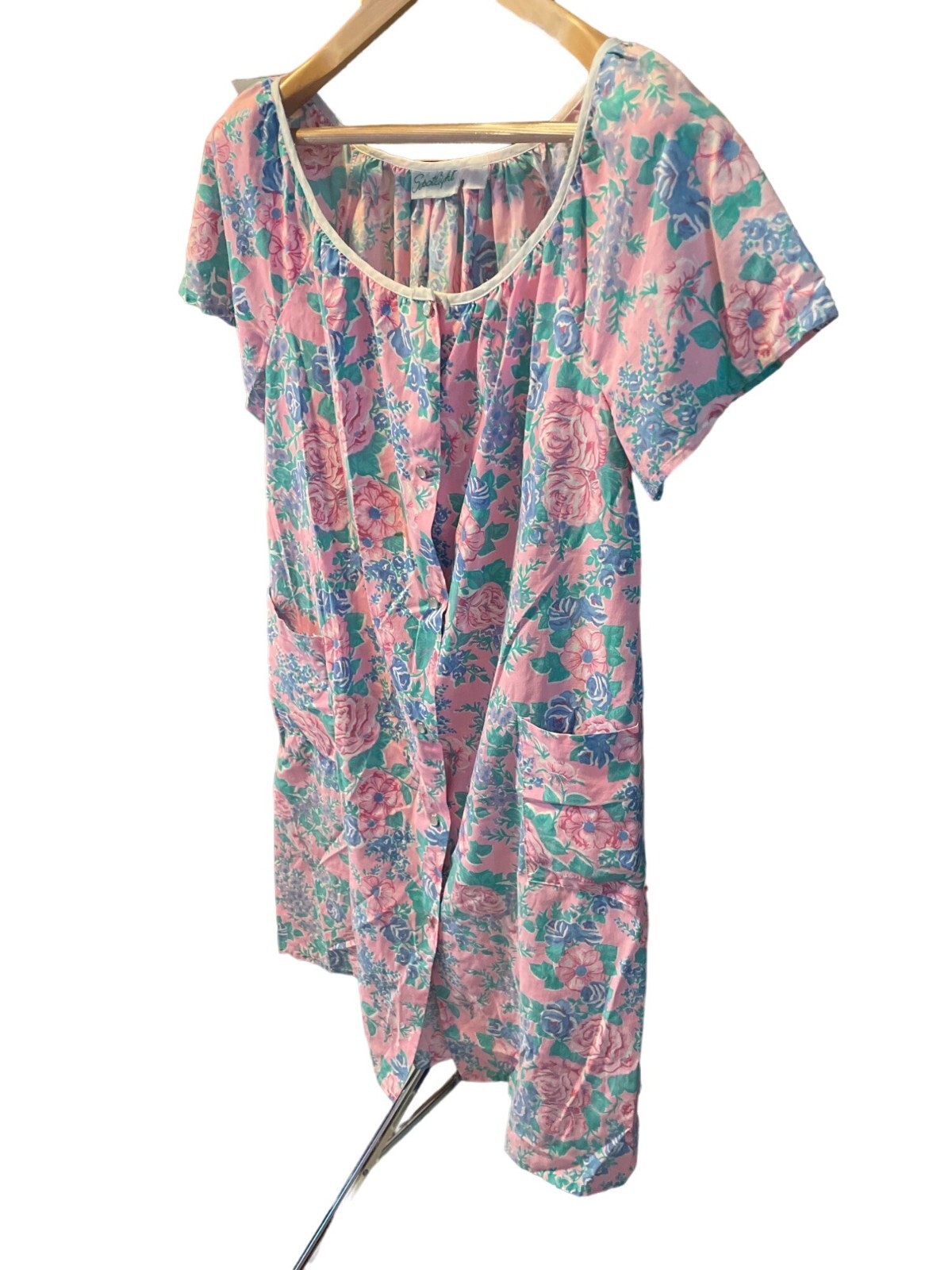 Vintage Spotlight Pink Floral Snap Front Cotton House Dress Pockets Size M