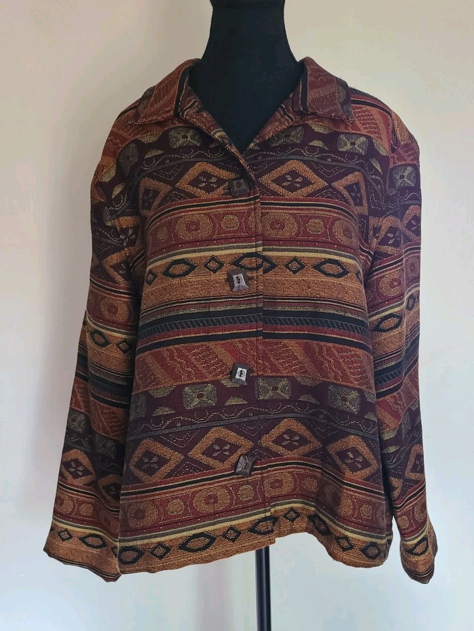 RC Vintage White Stag Womens Woven Tribal Aztec Pattern Tapestry Jacket L