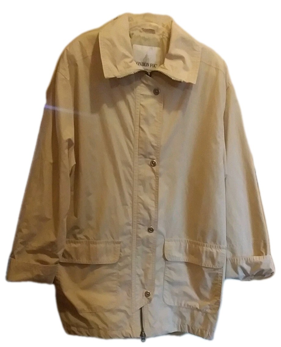 Vtg 90s London Fog Womans Cream Full-zip Snap Rain Jacket Sz Large Cuffed Sleeve