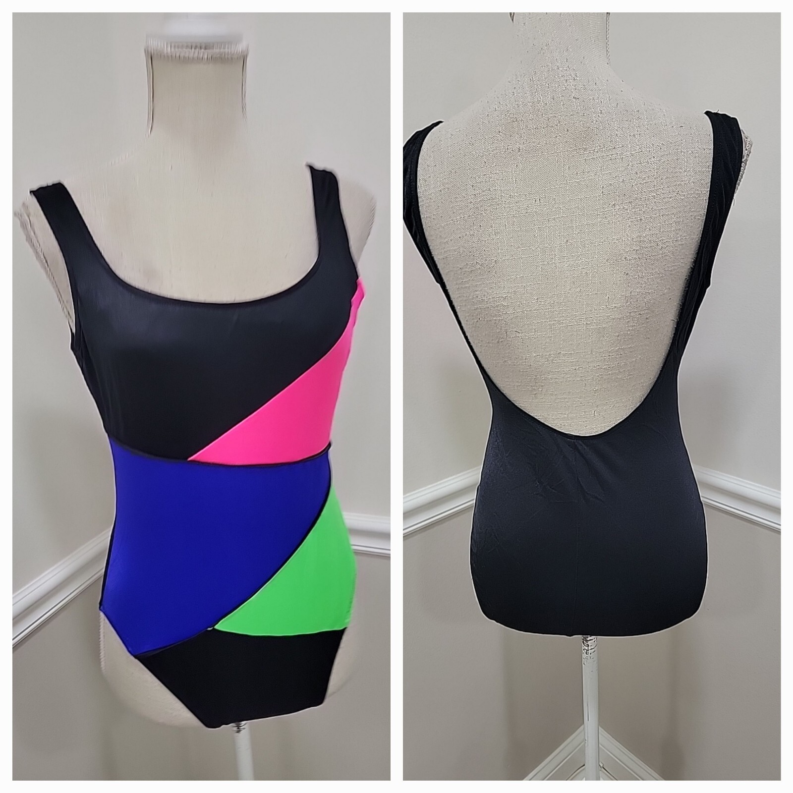 Vtg 80s Sun Streak High Cut One Piece Black Bathing Suit/Leotart Size 14