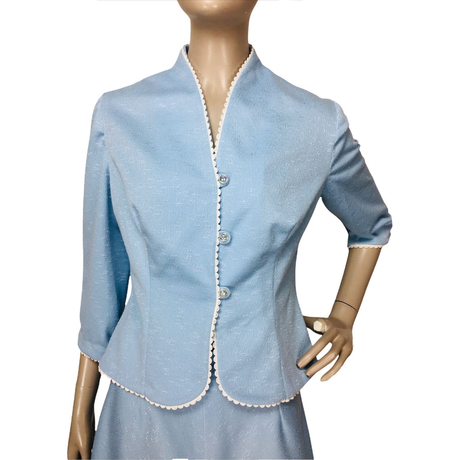 Vintage 60s Blue Rick-Rack Trim Jacket and A-Line Skirt Suit Set XS/S/M