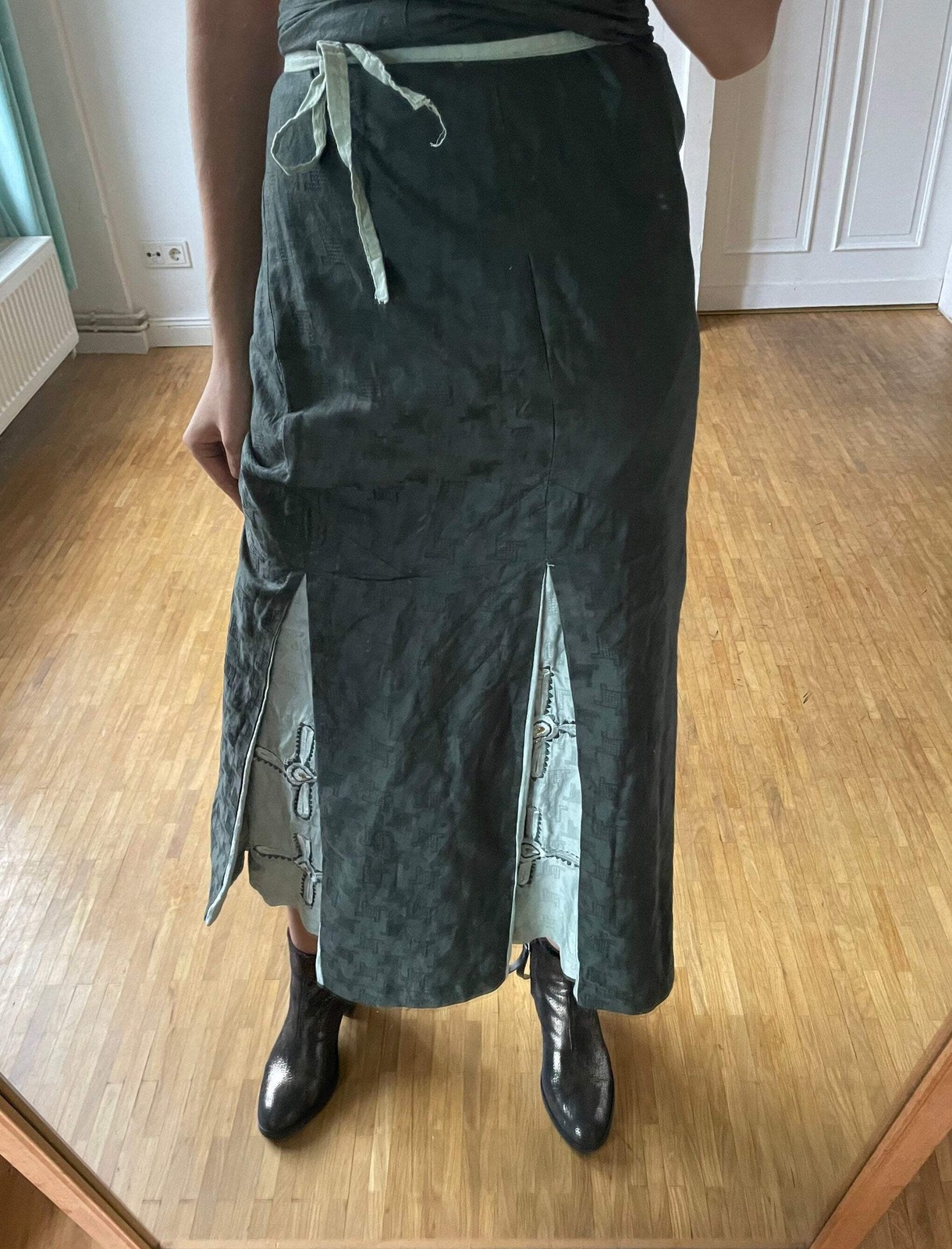 Handmade Sarong with embroidered cross, Vintage green summer skirt, costume, chu