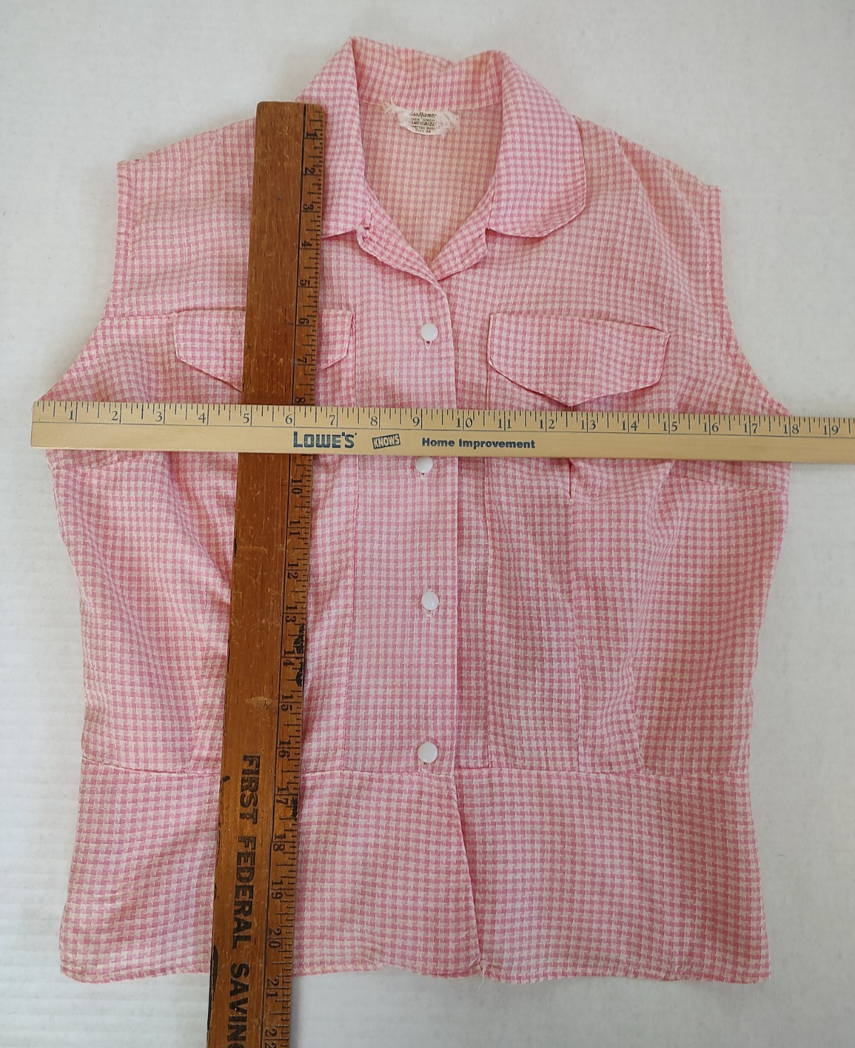 Vtg 60s Womens Sanforized Gingham Shirt Top Sz 34 Pink Check Fitted Rockabilly