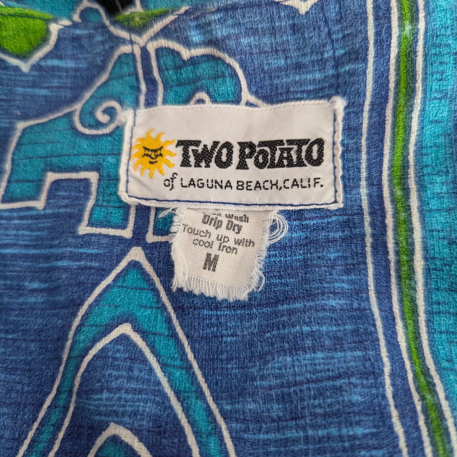 Vtg 70s Two Potato Tribal BARKCLOTH Angel Wing Boho Dress – Blues Greens MEDIUM