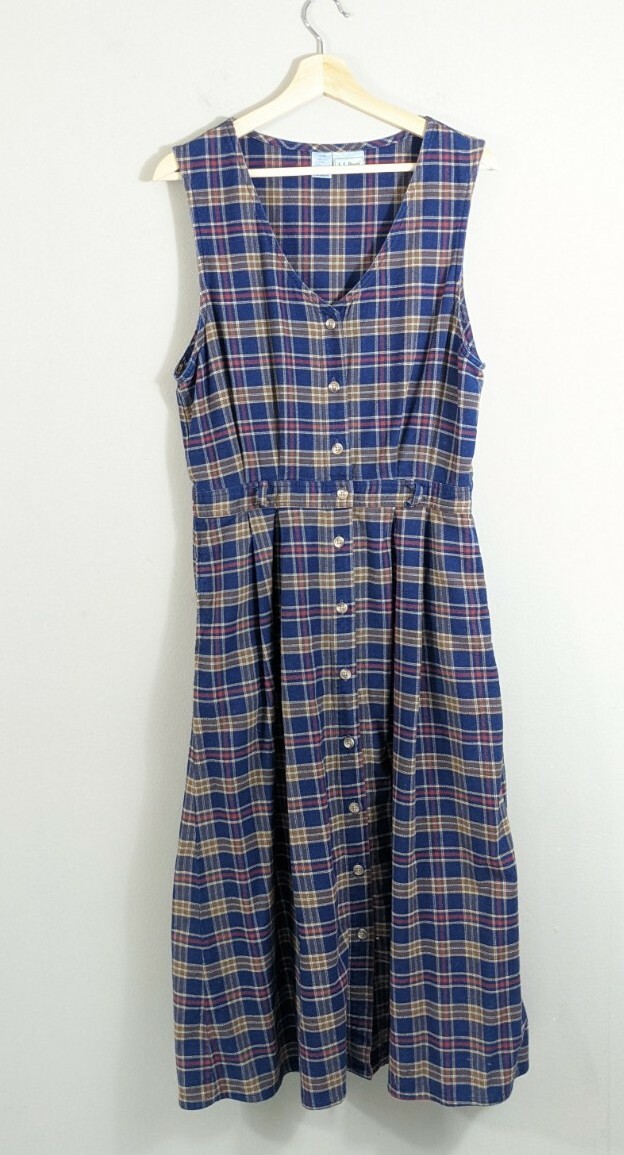 Vintage L.L. Bean Blue plaid Cotton Flannel Dress size M/L 1990’s 90s pockets