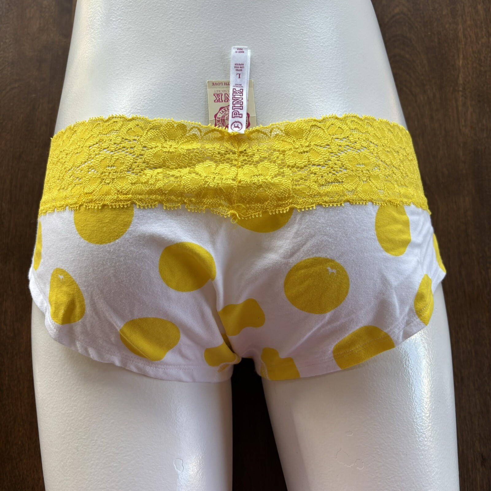 Victoria’s Secret Pink Vtg Extra Low Rise Hipster Large Yellow Dot Dog 2008 NWT