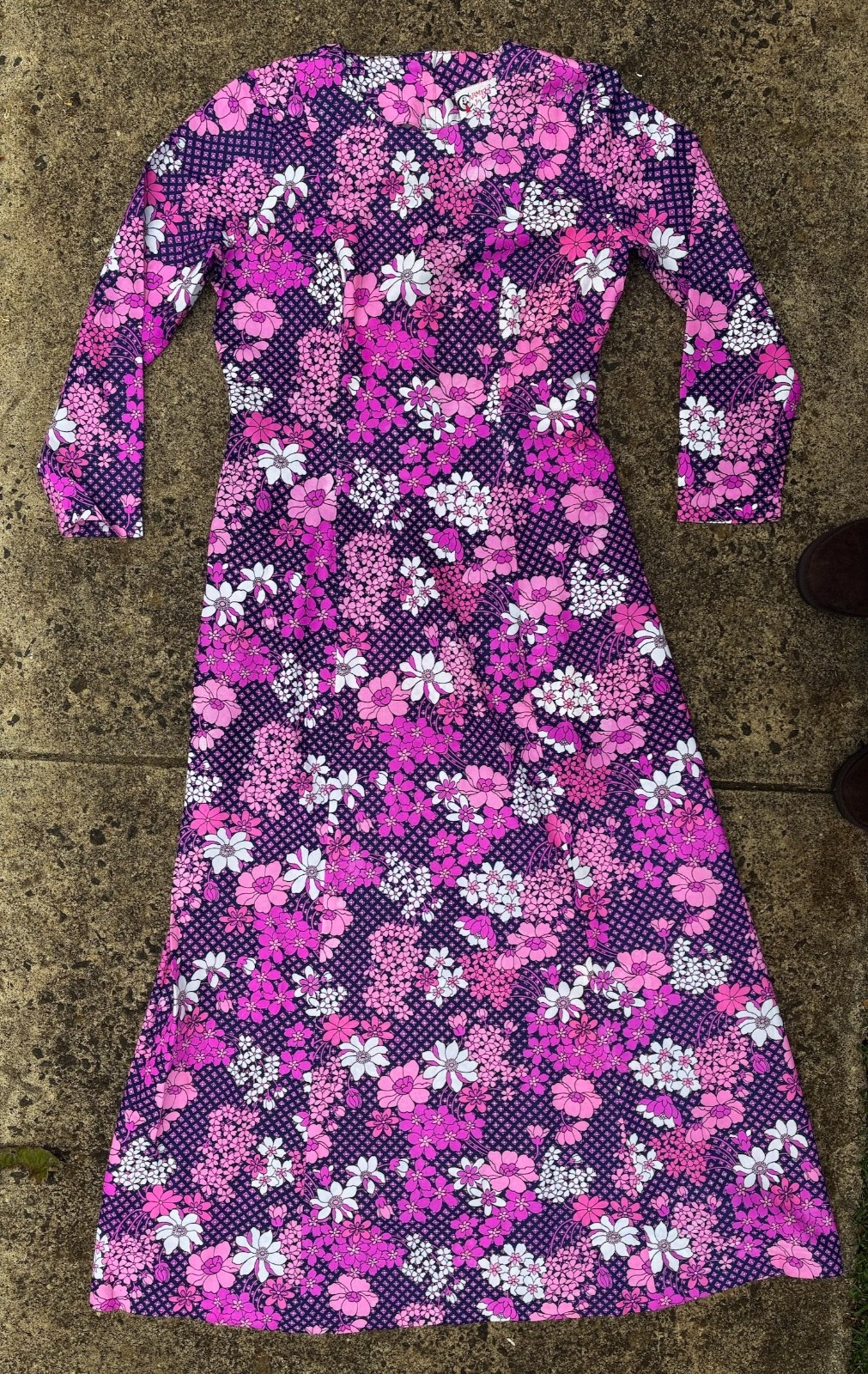 Vintage 60s Unworn size L Long Maxi Dress Pink Floral Fit and Flare