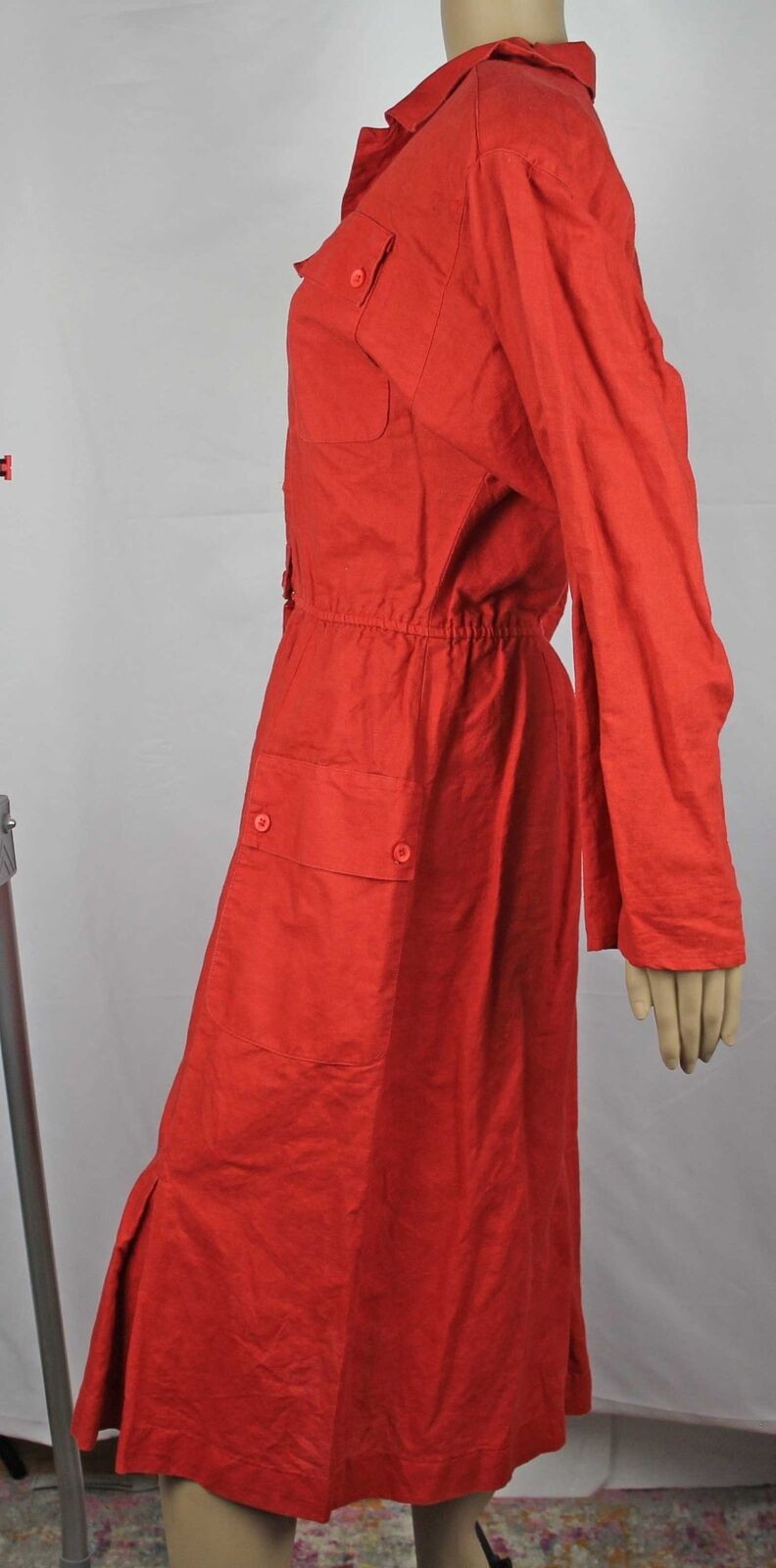 1980s Vintage Red Cargo Utility Dress Cotton Shirtdress Pockets Melissa Lane 12