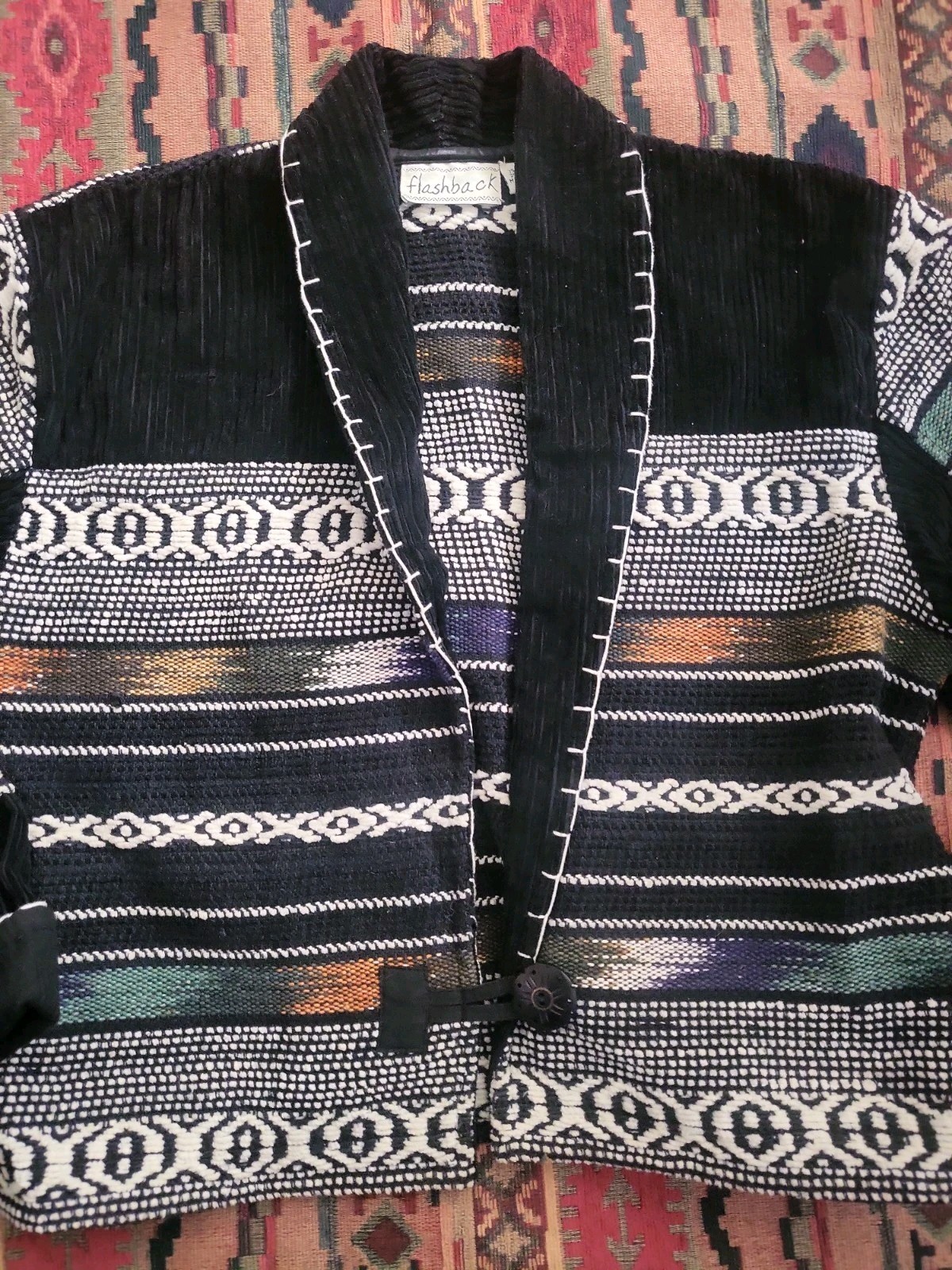 Vintage Flashback Southwestern Boho Woven Shawl Collar 1 Button Blazer Jacket M