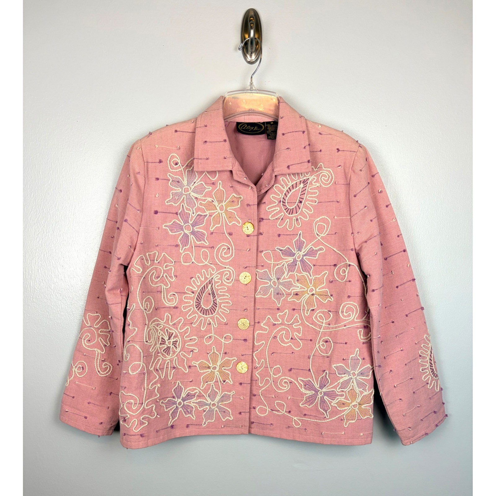 Alex Kim Pink Embroidered Floral Cotton Jacket Medium Art To Wear Boho Statement