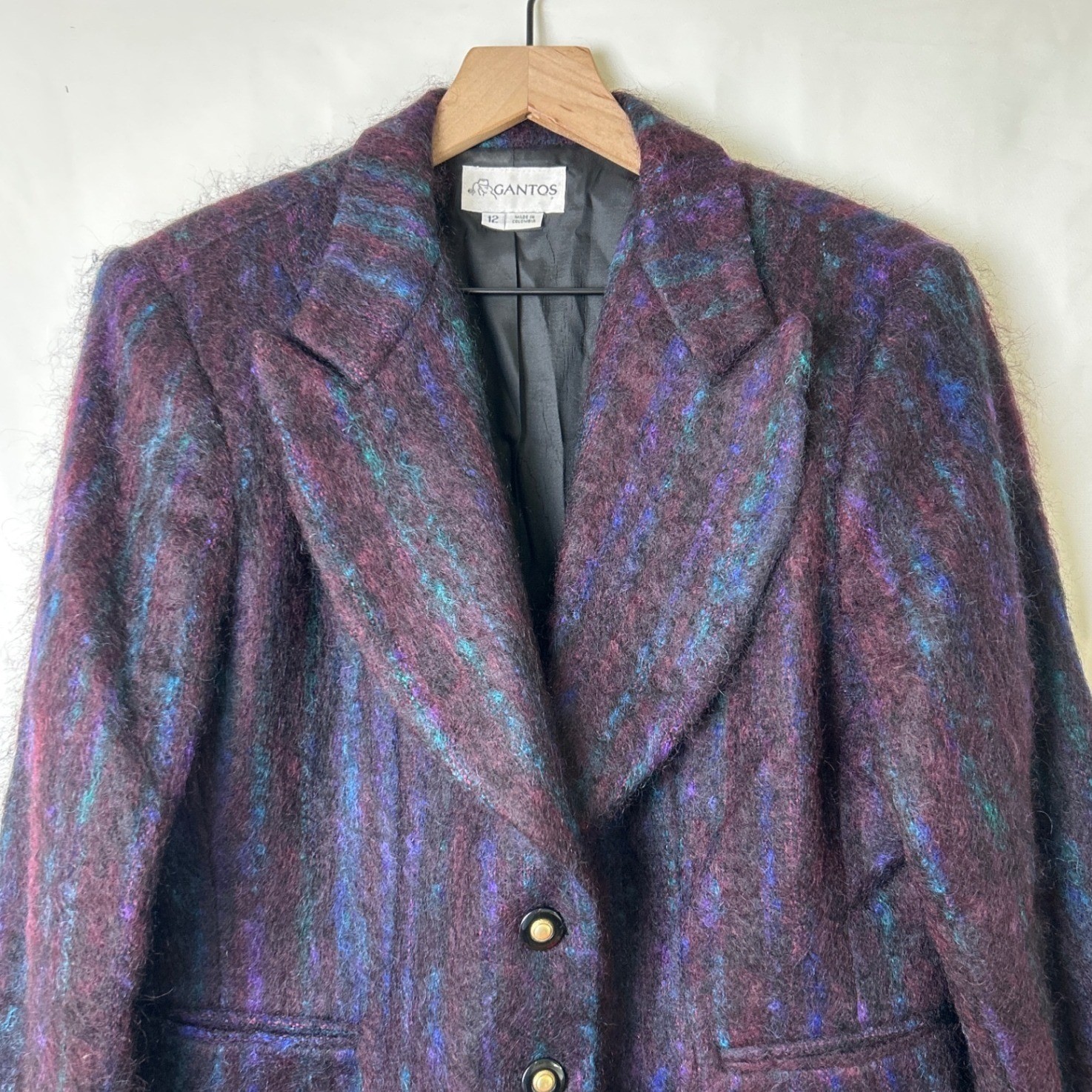 Gantos Women Vintage Mohair Wool Blend Fuzzy Striped Blazer Size 12 Purple Multi