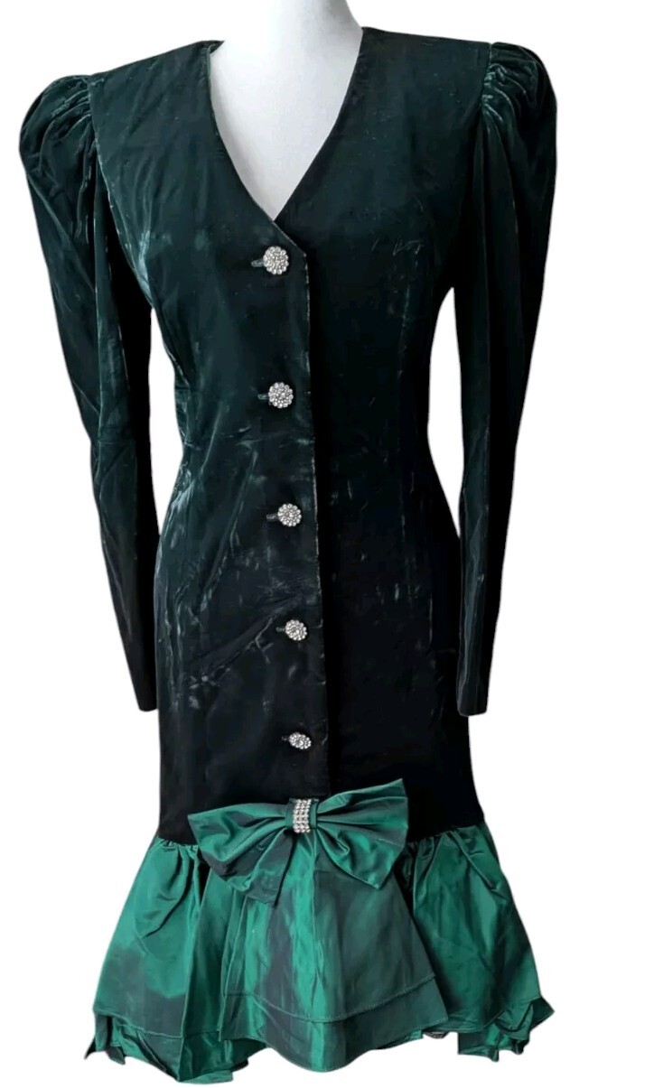 Vtg 80s En Francais Huey Waltzer Emerald Velvet Taffeta Dress Rhinestone Peplum