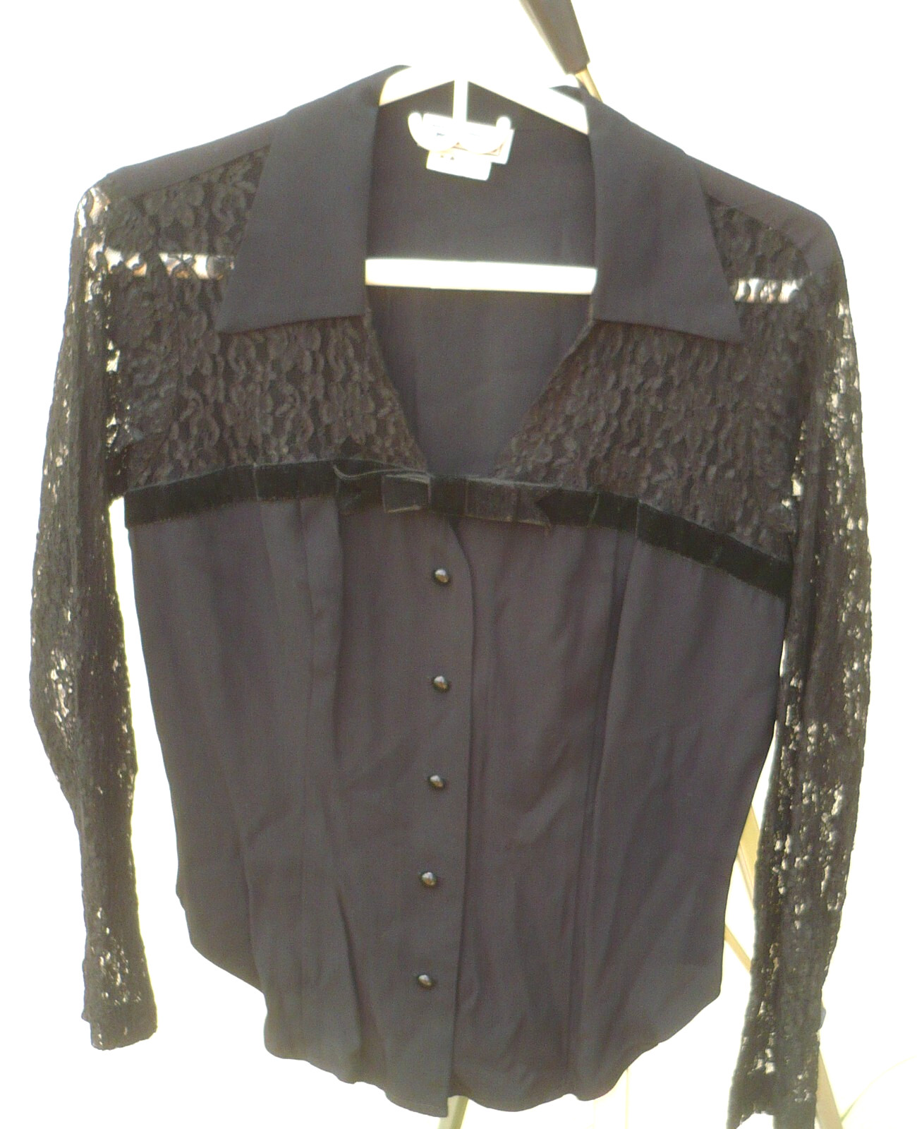 VTG MIRRORS 70S 80S BLACK LACE MESH VELVET BOW FANCY SHIRT BLOUSE M L WOMEN USA