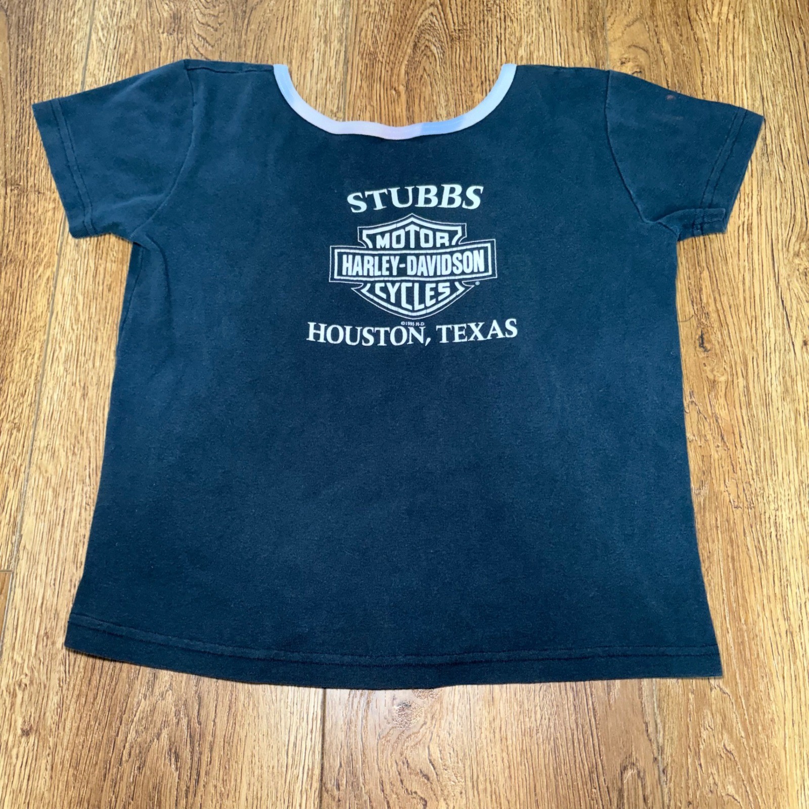VTG 1995 Harley Davidson Rules Womens XL Baby Tee Houston TX Ringer Shirt USA