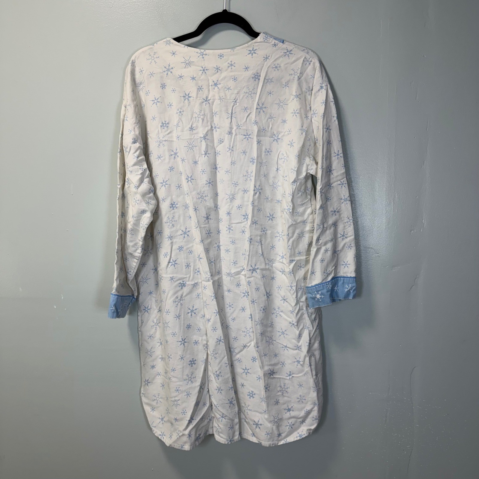 Vintage Night Gear Snowflake Nightgown White Blue Cotton Henley Sleep Shirt Med
