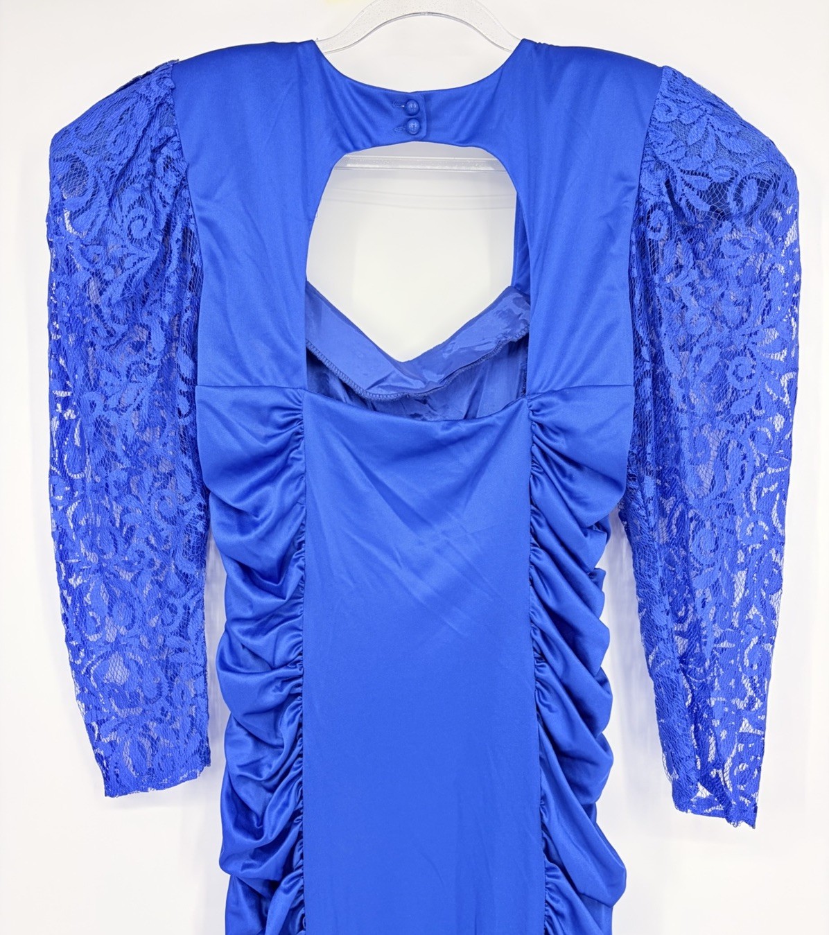 Vintage Mayvens of California Bodycon Lace Ruched Dress Size 13 Puff Sleeves