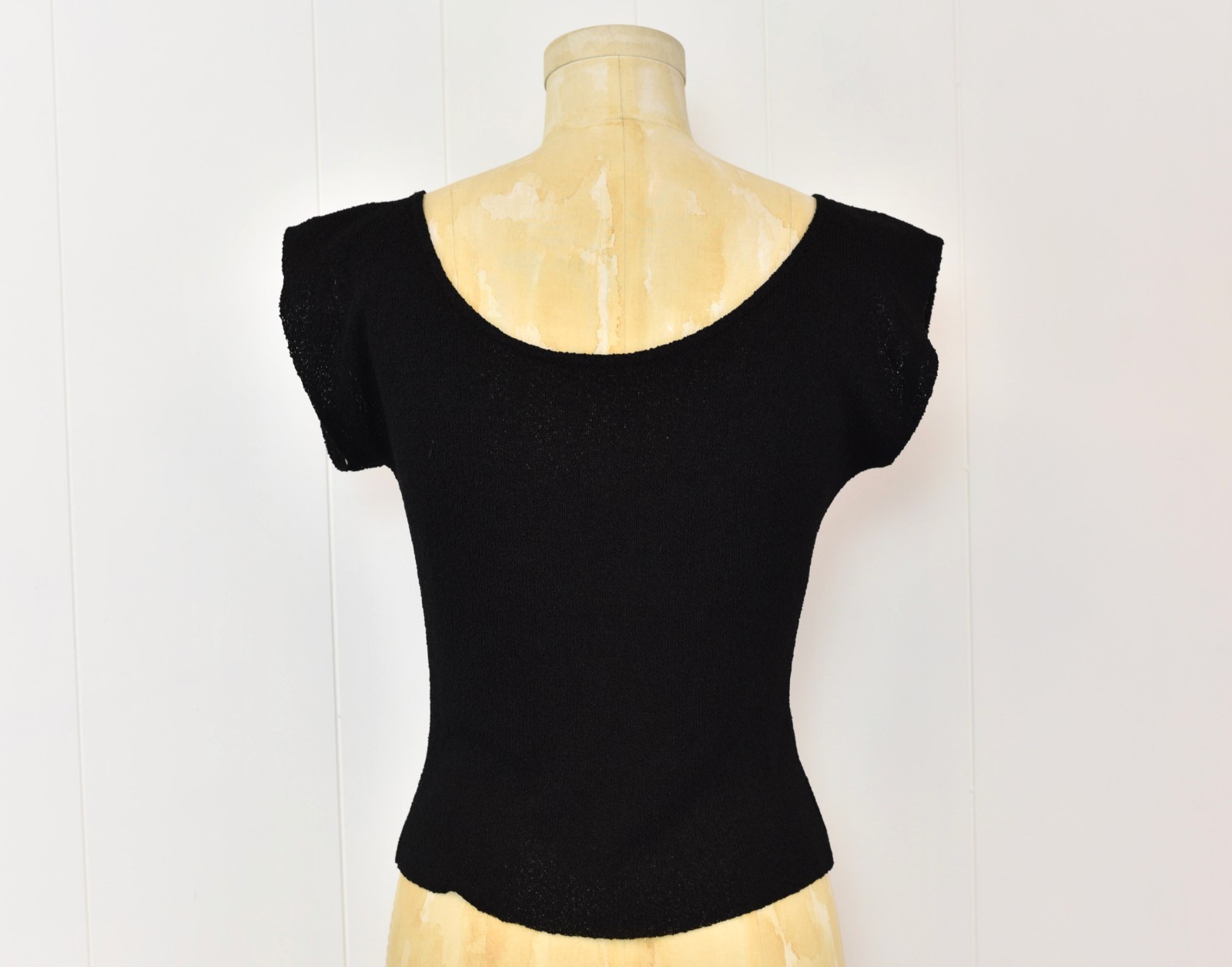 Vtg 1950s Rhinestone Flower Applique Black Knit Apollo New York Sweater Blouse