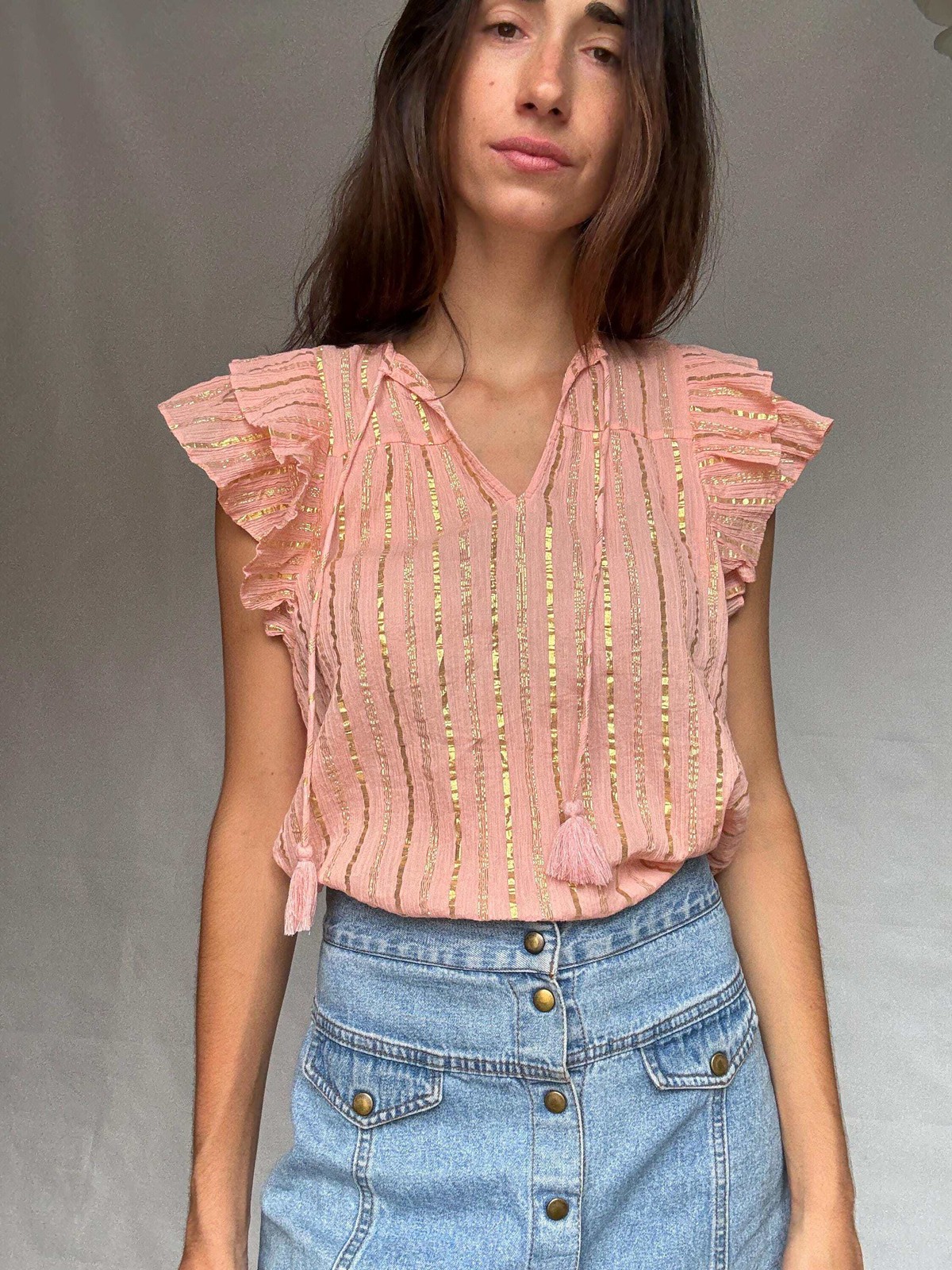 Pink and gold striped cotton top, XS