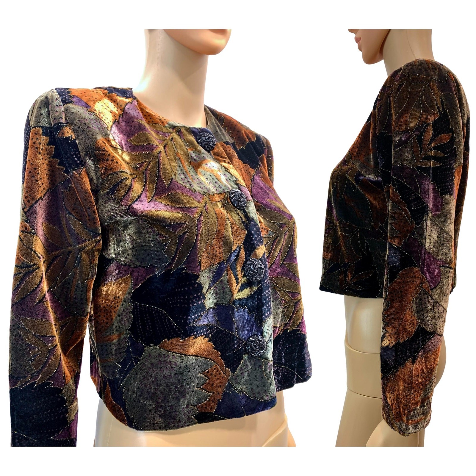 Vintage 80s Painted Velvet Cropped Jacket Brown Purple Rust Petite 2