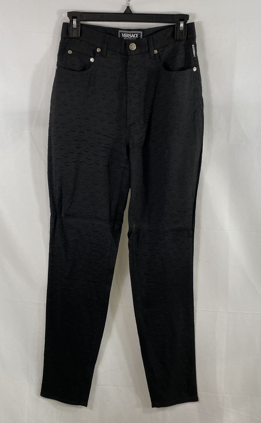 Vintage 90s Versace Jeans Couture Women’s Black All Over Logo Pants Sz 28×31