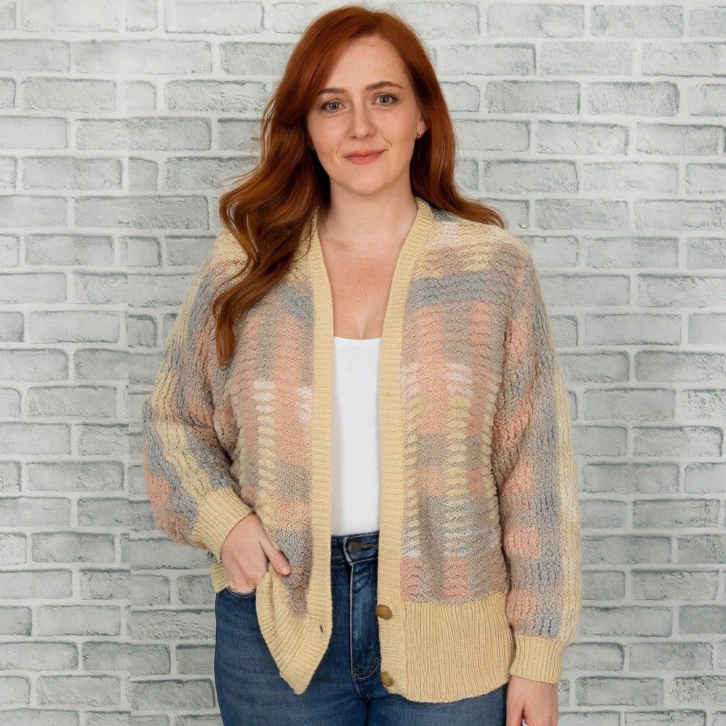Vintage 80s Lindsay Scott Pastel Striped Acrylic Cardigan Sweater L Hong Kong