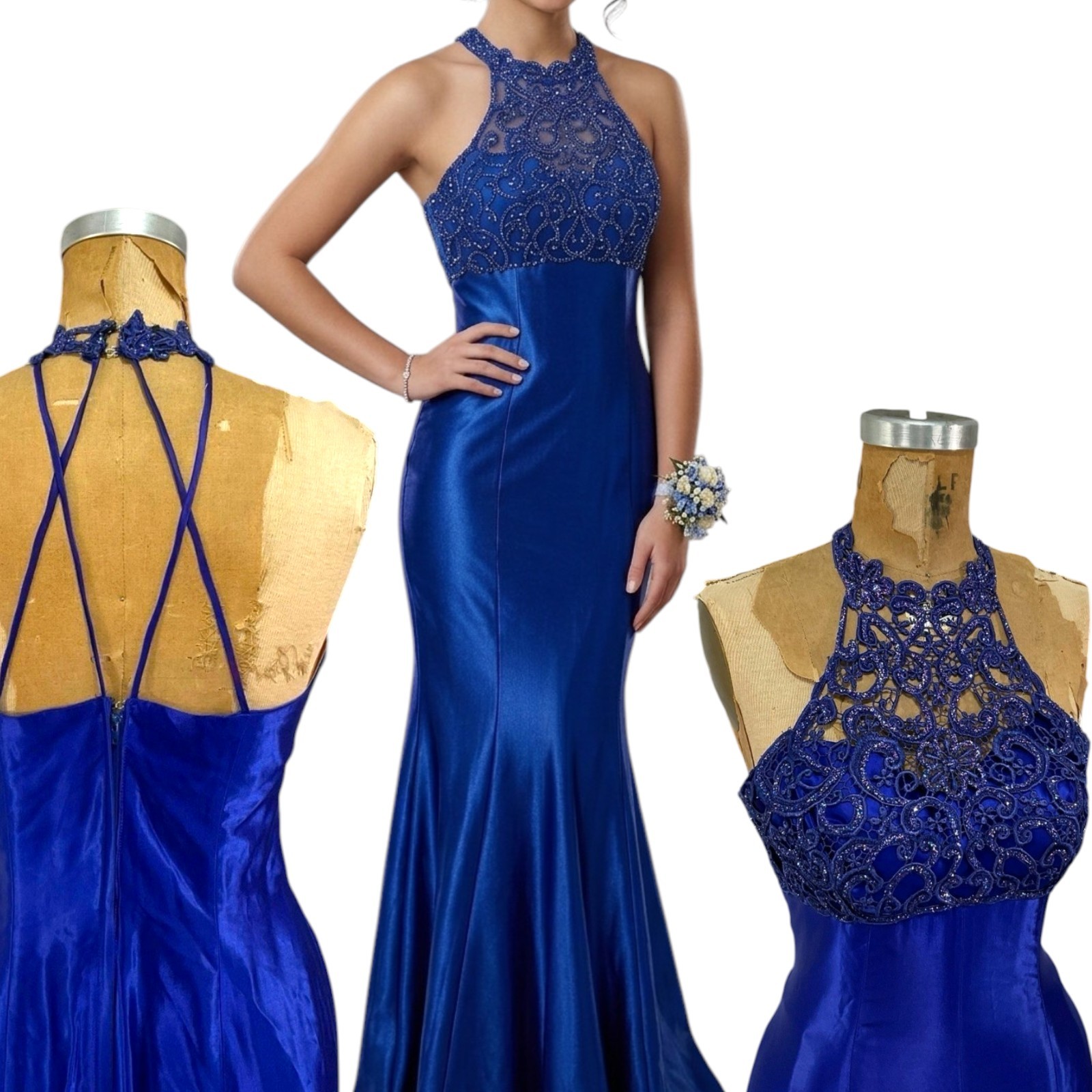 Vtg Prom Gown Blue 80s Y2K 90s Bias Long M Illusion Glitter Criss Cross Angelo
