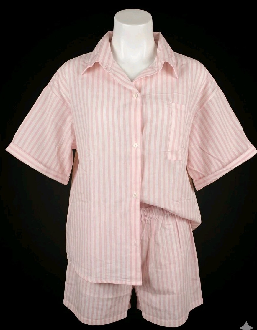 VTG Carole Pink & White Striped Short Sleeve Top And Shorts Pajama Set Size L