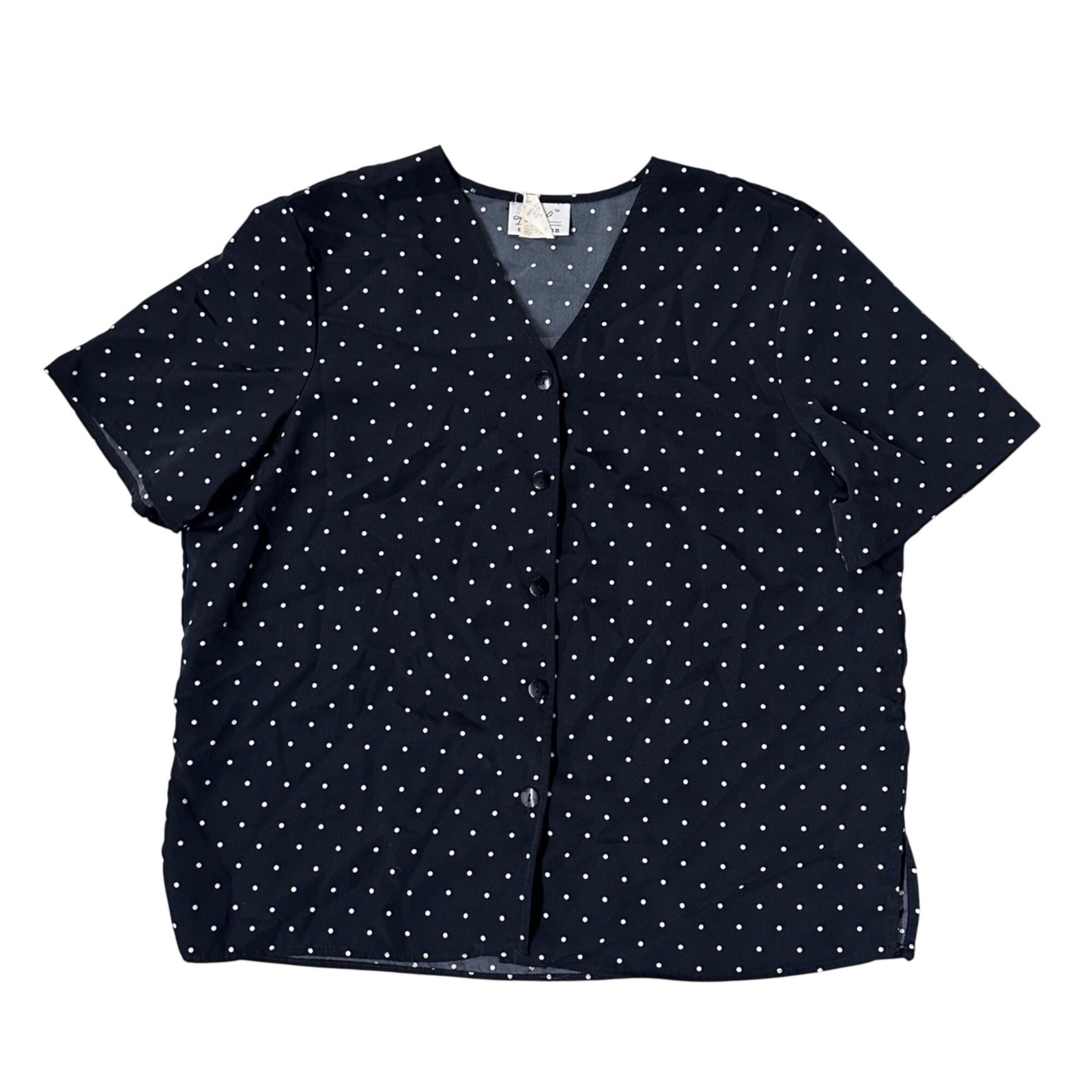 Vintage Black Polka Dot Shirt Button Down Short Sleeve Blouse XL 90s Kathie Lee