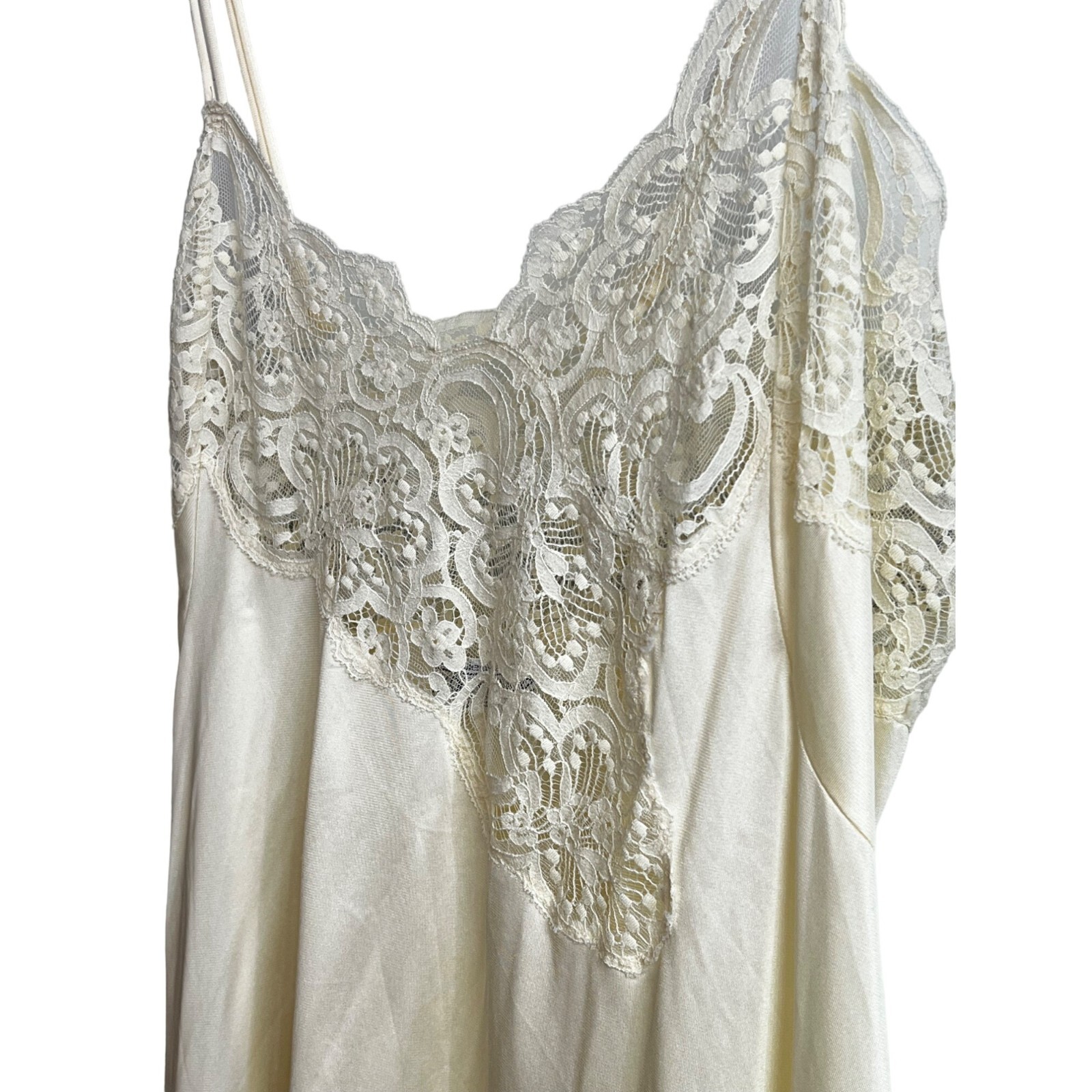 Vintage Lily Of France Ivory Satin & Lace Nightgown Spaghetti Straps Large