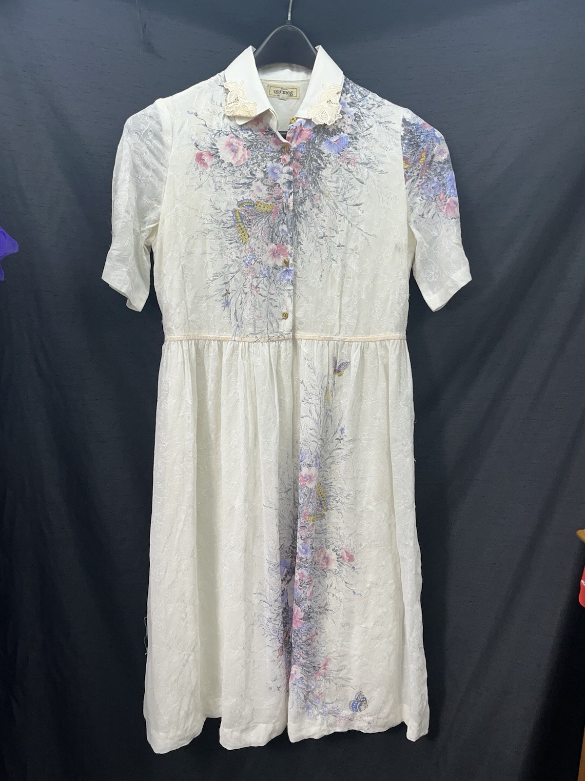 Vtg Femina Nutmeg Floral Butterfly Embroidered Dress Rose Print Cottagecore S/M