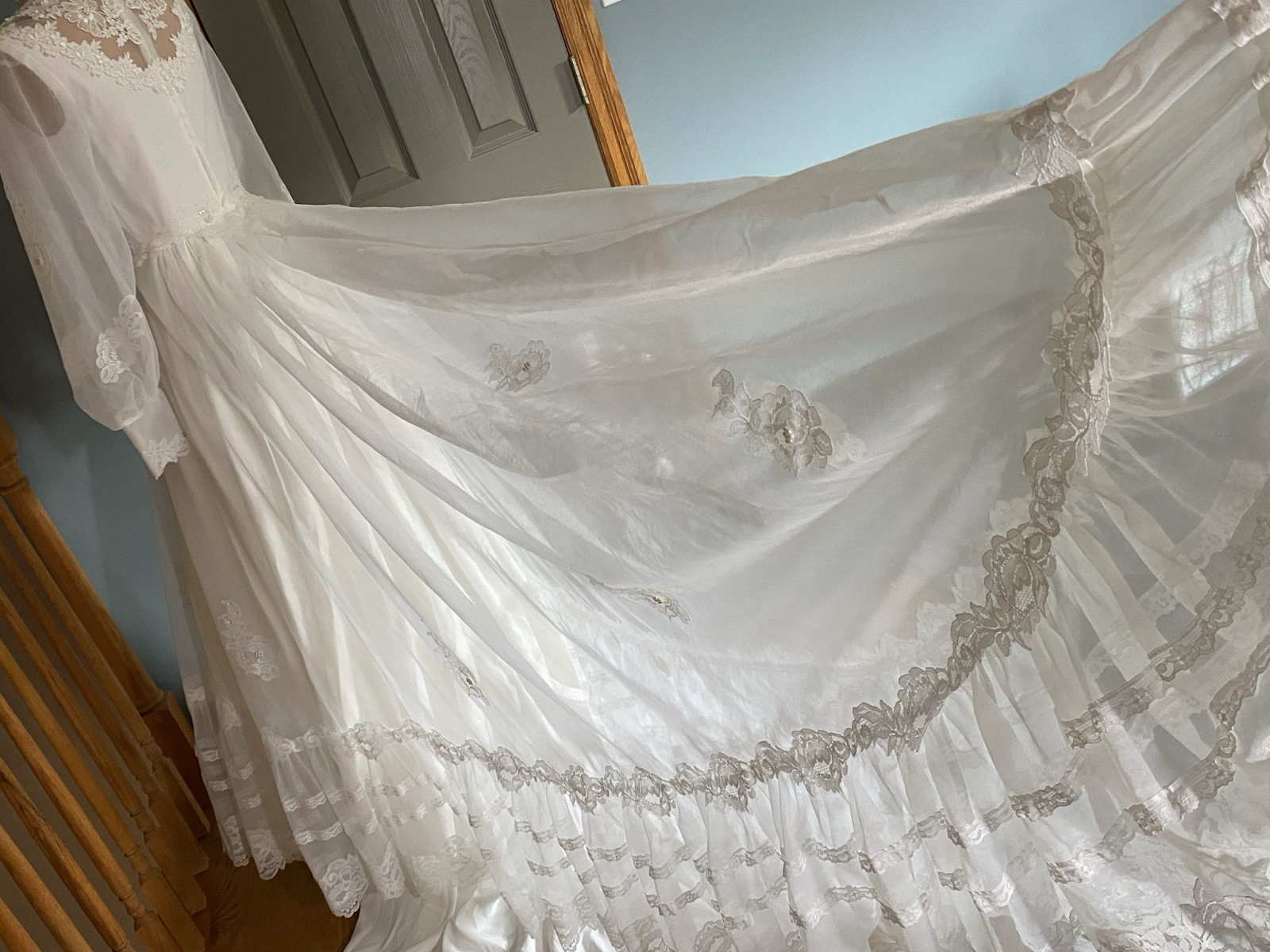 Vintage Lace Pearl Appliqué High Neck Long Sheer Sleeve 1970s Wedding Gown S/M