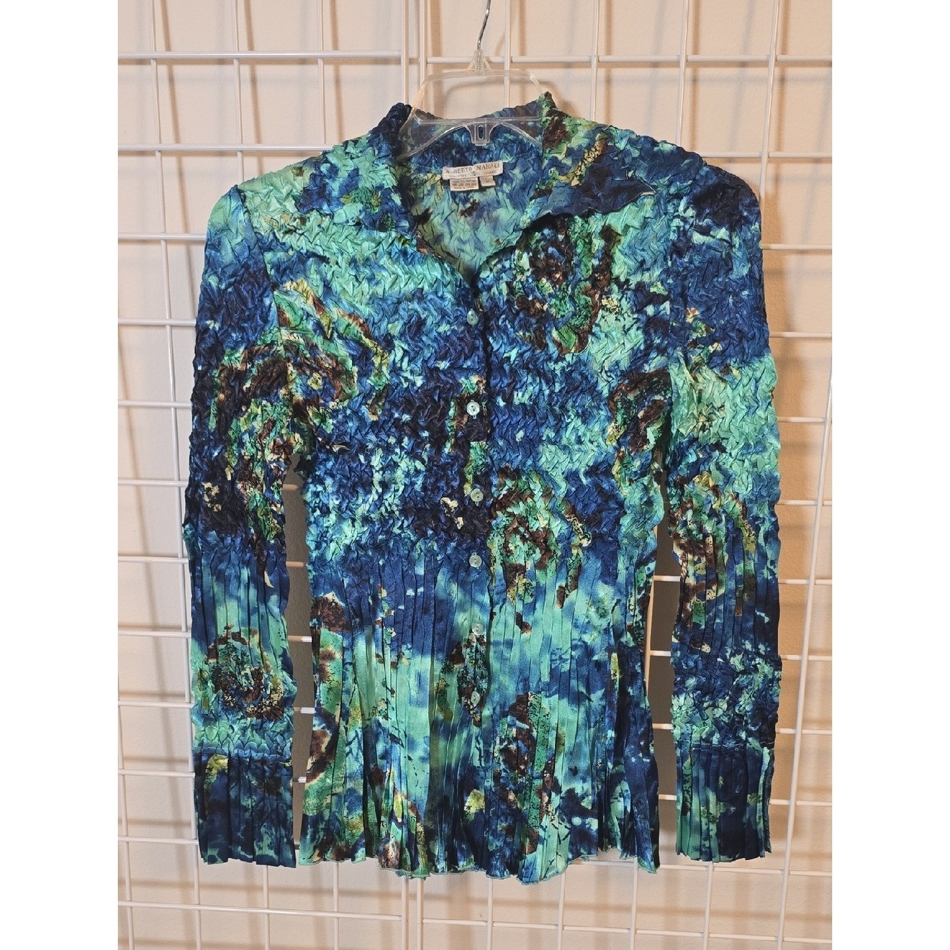 Alberto Makali Vintage Blue and Green Crinkled Button-Down Shirt Size Large