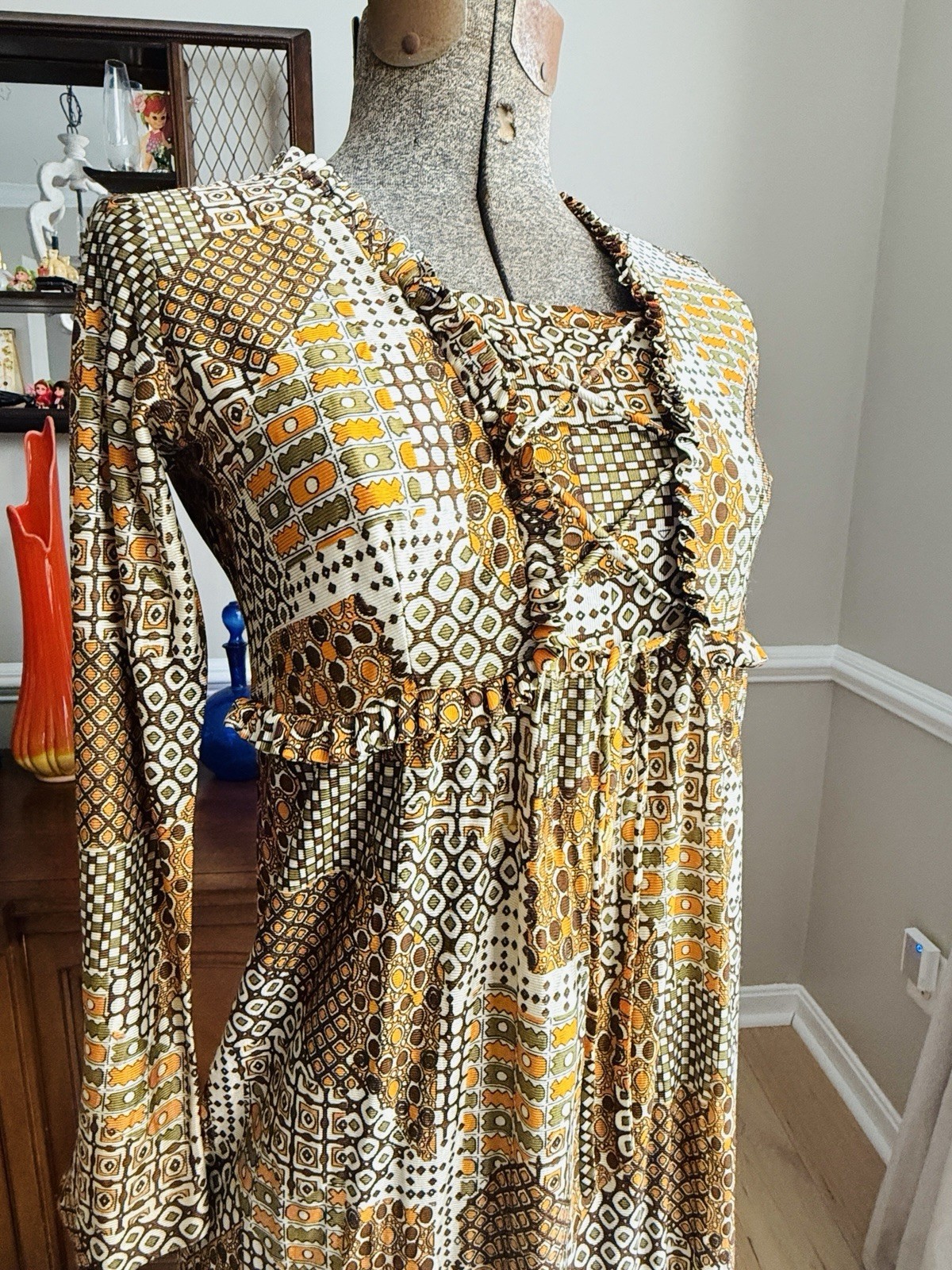 Vintage 70s Funky Print Brown And Orange Lace Up Midi Dress Size S