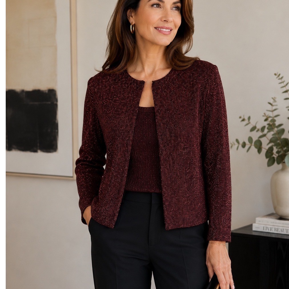 Xscape Twin Set Women Large Red Black Metallic Glitter Knit Cardigan Tank Good