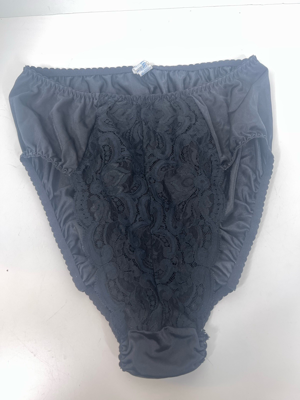 Vintage Olga Sheer Lace HI-CUT Panties #23107 black L Lacy Nylon Cotton 90s